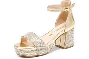 LAURMOSA High Heels for Kids Sandals Big Girls Dress Shoes Flower Girl Shoes for Wedding Party Pageant Round Open Toe Ankle Strap Dress Sandals Platform Heels Chunky Pumps for Little Big Kids