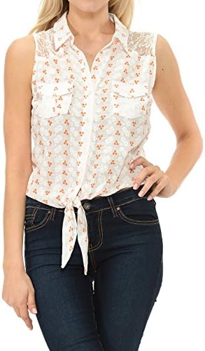 Clinamen Clothing Women Botton Down Floral Embroidered Gauze Top(WN2211PF) (Large, White)