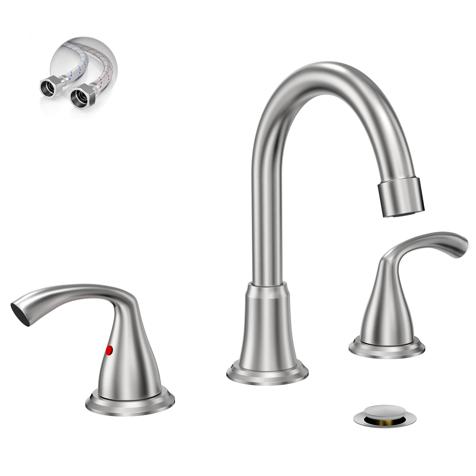 Photo 1 of Phiestina 8 Inch Brushed Nickel Widespread Bathroom Sink Faucet, 2 Handle 3 Hole Bathroom Faucet with Metal Pop up Drain and Water Supply Lines, WFJC180-BN