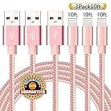 Suanna iPhone Cable 3Pack 10FT Nylon Braided Certified Lightning to USB iPhone Charger Cord for iPhone 7 Plus 6S 6 SE 5S 5C 5, iPad 2 3 4 Mini Air Pro, iPod Nano 7 - Pink