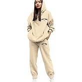 JiXiang Outfits for Women 2 Piece Sets Letter Print Pullover Hooded Sweatshirt and Sweatpant Oversized Baggy Winter Tracksuit