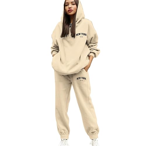 2 Piece Tracksuit Womens Full Set UK Hoodie Sweatshirt and Elastic Waist Trousers Plus Size Letter Print Lounge Wear Sweatsuits Hoodies and Cuffed Foot Joggers Ladies Sports Activewear