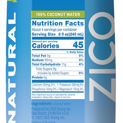 ZICO 100% COCONUT WATER, NO ADDED SUGAR, REFRESHINGLY DELICIOUS, HYDRATION WITH ELECTROLYTES, 33.8 FL OZ (PACK OF 4)