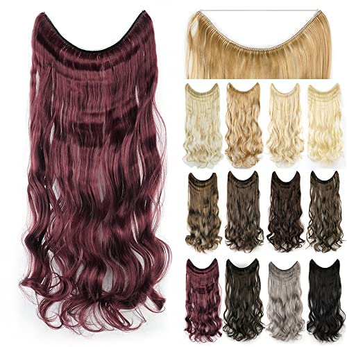 IMISSU 22'' 26'' Long Body Wavy Hair Extensions Fish Line Hairpiece Synthetic Invisible Secret Wire Headwear Flip Curly Hair Extension Pieces (26 Inch,Burgundy)