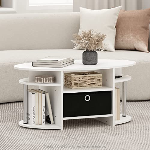Furinno Jaya Simple Design Oval Coffee Table with Bin, White Oak/Chrome