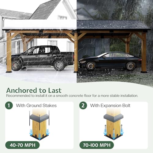 Jocisland 12'x24' Cedar Wood Hardtop Gazebo with Steel Roof, Waterproof Outdoor Carport Pavilion, Heavy-Duty Snow & Wind Resistant Canopy for Patio, Driveway, Garden