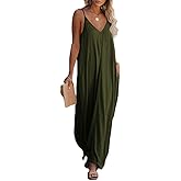 Poetsky Womens Casual Strappy V Neck Sleeveless Flowy Pockets Loose Long Maxi Beach Dress Sundress