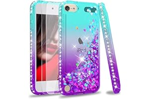 LeYi for iPod Touch 7th Generation Case, iPod Touch Case 7th/ 6th/ 5th with [2 Pack] Screen Protector for Girls Kids, Glitter Bling Liquid Cute TPU Clear Phone Case for iPod Touch 7 6 5 (Teal/Purple)