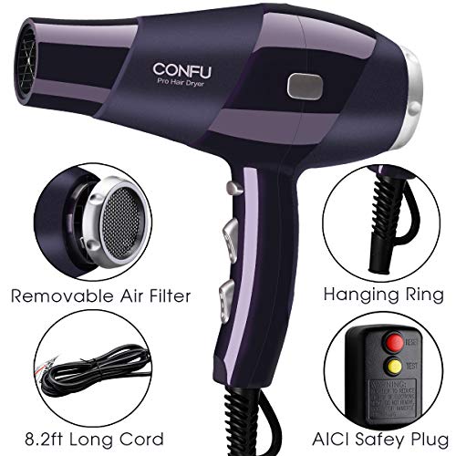 CONFU Professional Ionic Hair Dryer 1875W AC Motor Salon BlowDryer Fast Drying Light Weight Low Noise Hairdryers with Diffuser 2 Concentrators 3 Heat 2 Speed Settings Cool Shot ETL Certified - Thumbnail 2