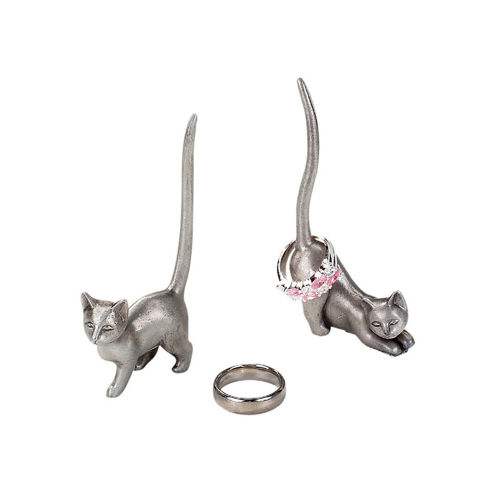 Pewter Ring Holder for Multiple Rings - Set of 2 Cats - Stretching Cat - Cute Ring Storage Idea