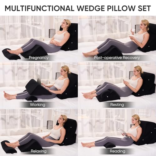 OAISZ 4 PCS Wedge Pillow Set for After Surgery, Memory Foam Orthopedic Bed Wedge Pillow Set, Adjustable Bed for Sleeping, Acid Reflux Relief, Post Surgery Recovery, Back Support, Leg Elevation, Black