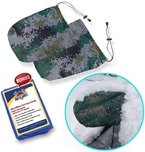 SnowOFF Camouflage Car Side Mirror Snow Covers Set – Protect Auto Exterior Rear View Mirrors from Snow Ice Frost – BONUS Cloth – Automotive Door Armor - Fit Cars, CRVs some SUV - Like Windshield Cover