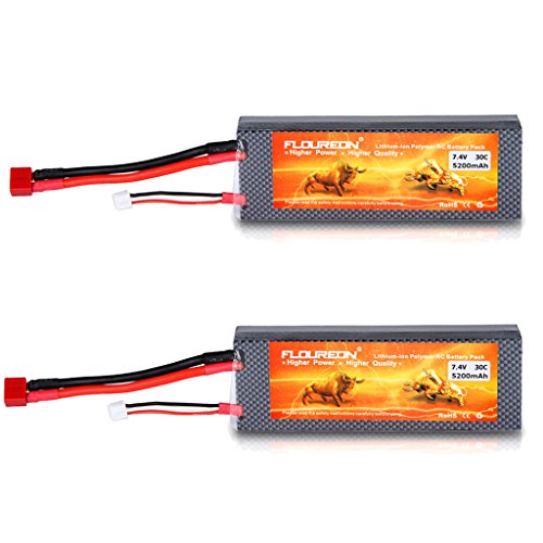 FLOUREON 2Packs 2S 7.4V 5200mAh 30C Lipo Battery Pack With T Plug for RC Helicopter RC Airplane RC Hobby (Hard Case)