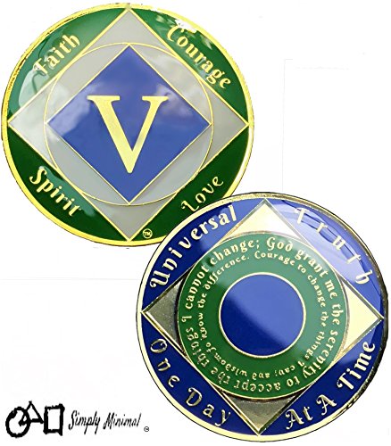 Simply Minimal 5 Year NA Gold Plated Recovery Clean Time Coin, Medallion + Plastic Capsule, Display Case (Blue/Green)