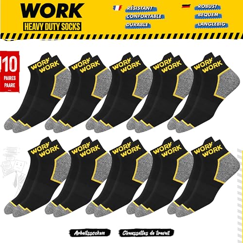 10 Paar Kurze Arbeitssocken Herren Schwarz | Gepolsterte Sneakersocken Knöchelsocken | DRI-WIK Feuchtigkeitsmanagement | Verstärkte Ferse & Spitze | Dura-Stretch Elastan | Größe 43-46