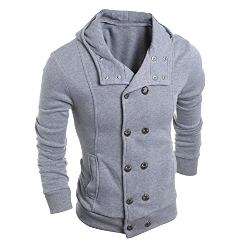 Men's Classic Pea Coat Stand Collar Windproof Double Breasted Blouse Jacket Overcoat Hooded Sweater Top (Gray, M)