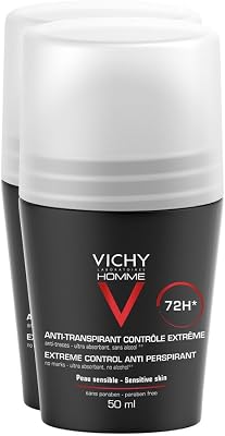 VICHY Homme Extreme Control Antitranspirante Roll-On para hombres, 72 horas de efecto, para pieles sensibles, 2 x 50 ml