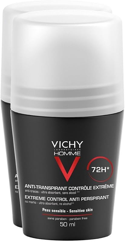 VICHY Homme Extreme Control Antitranspirante Roll-On para hombres, 72 horas de efecto, para pieles sensibles, 2 x 50 ml