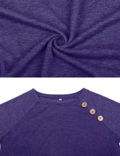 Womens Button Long Sleeve Tops Casual Blouses T-Shirt Round Neck Pockets Top Purple L