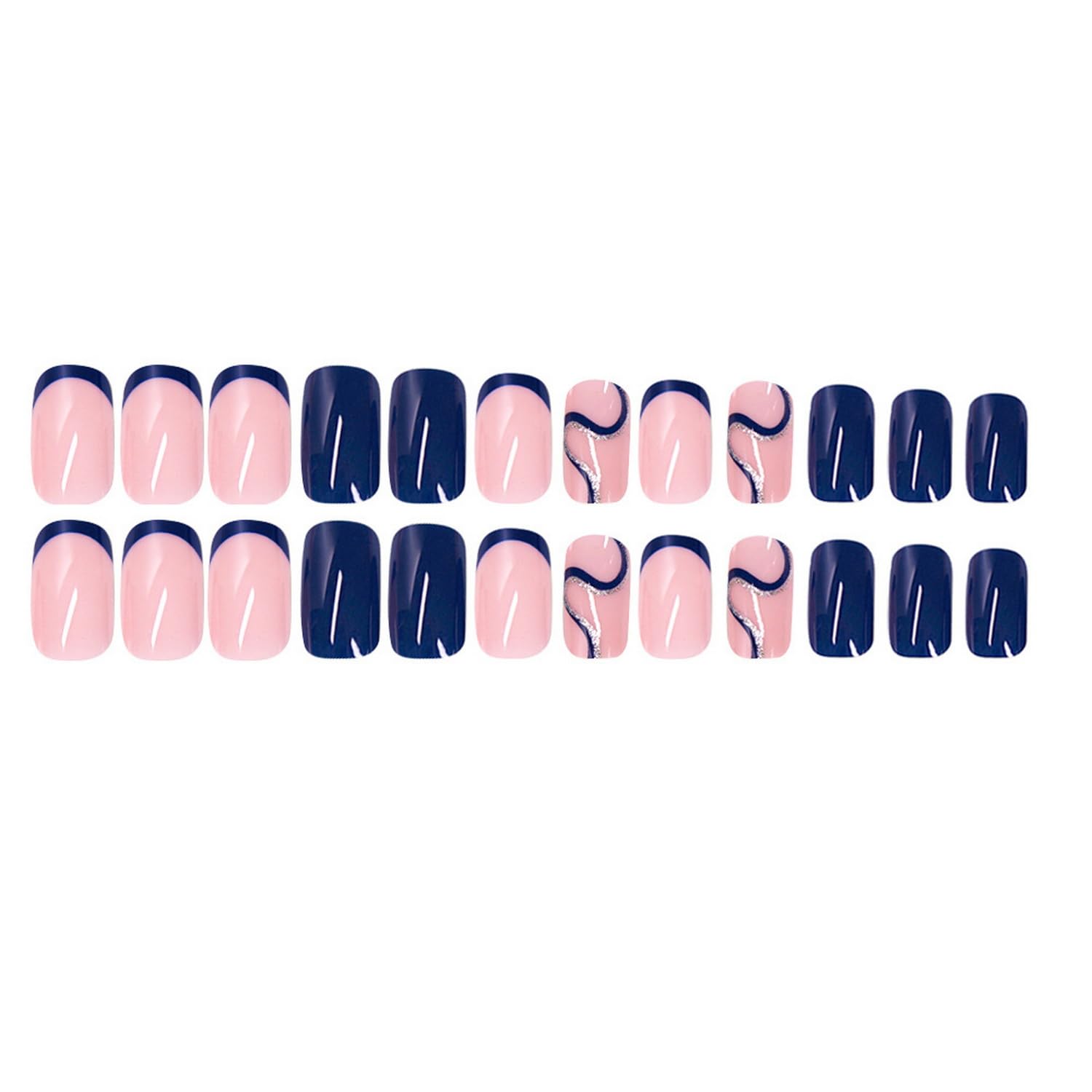 Dark Blue Press on Nails Short Fake Nails with Shiny Curve Designs French Tip Artificial Nails Simplicity Reusable Acrylic Nails False Nails Glossy Glue on Nails for Women Girls - Image 3