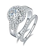 BONLAVIE 3.45ct 925 Sterling Silver Cubic Zirconia Halo Anniversary Wedding Band Engagement Ring Bridal Set