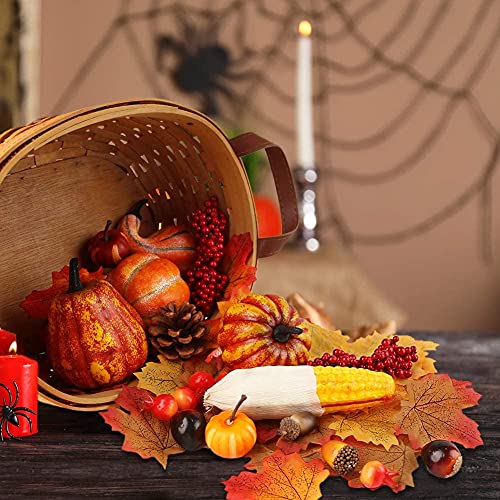 HAKACC Artificial Pumpkins, 19PCS Harvest Fruits with 30PCS Artificial Maple Leaves Fake Pumpkins and Gourds Pine Cones Acorns for Halloween Thanksgiving Decorations