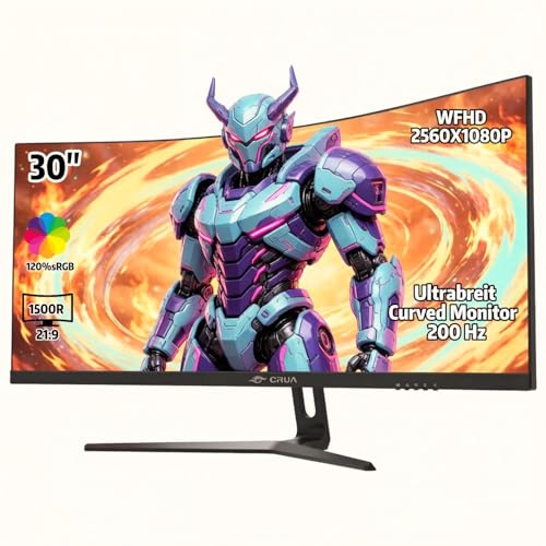 CRUA 30" Ultrabreit Curved Gaming Monitor, 165 Hz/200 Hz, WFHD (2560 x 1080p), 1500R VA-Bildschirm, 120% sRGB-Farbraumabdeckung, unterstützt AMD FreeS
