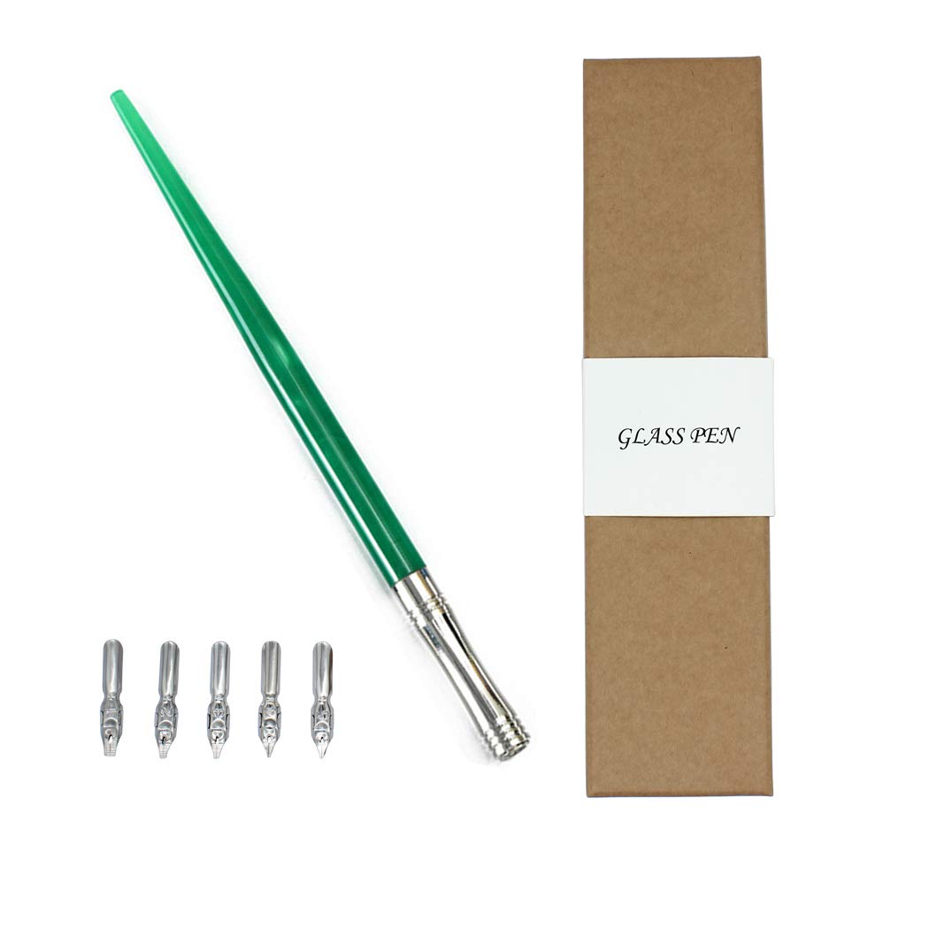 Hillento Resin Calligraphy Nib Pen Point Holder, Oblique English Calligraphy Pen Nib Holder with 5 Flat Nibs, Green