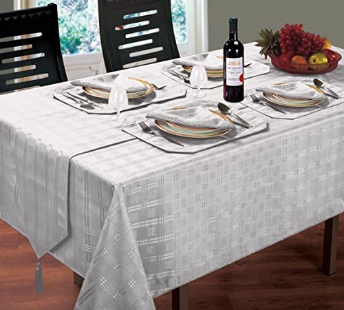 LUXURIOUS MODERN CHRISTMAS WOVEN JACQUARD CHECK SILVER TABLE CLOTH 70" ROUND &amp; 8 NAPKINS 8 PLACEMATS