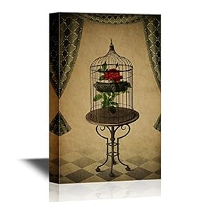 Retro Style Canvas Wall Art - Rose in The Cage - Vintage Style Giclee Print Gallery Wrap Modern Home Art | Ready to Hang - 12x18 inches