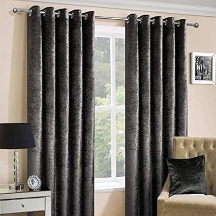 Homescapes Dark Grey Crushed Velvet Lined Curtain Pair 46 X 72