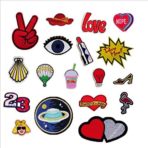 18pcs/lot Cloth Patches Garment Applique DIY Decoration Accessories Iron On Embroidered Patch Set-Victory Hat Love Nope Eyeball Lipstick Hot Balloon Cola High Heel Love Heart Flamingo Scallop Patch