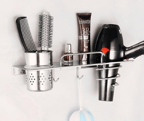 stainless steel hair dryer rack Multifunctional Bathroom Organizer Collection Storage Rack w/ Flat Panel Hair Dryer Holder with Canister and Towel Hooks