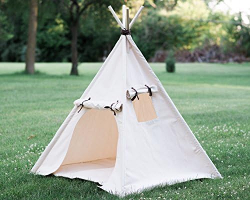 Natural Canvas Kids Teepee Play Tent with Unique Roll Up Door