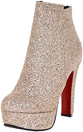 AIYOUMEI Women's Glitter Platform Zipper Bootie High Heels Solid Autumn Winter Ankle Boots with Sequins