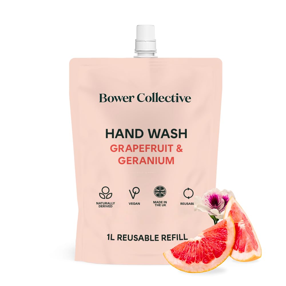 Bower Collective Natural Antibacterial Liquid Hand Soap Refill, Geranium & Grapefruit Handwash Refill, Eco-Friendly Soap, 1 Litre, 300+ Washes