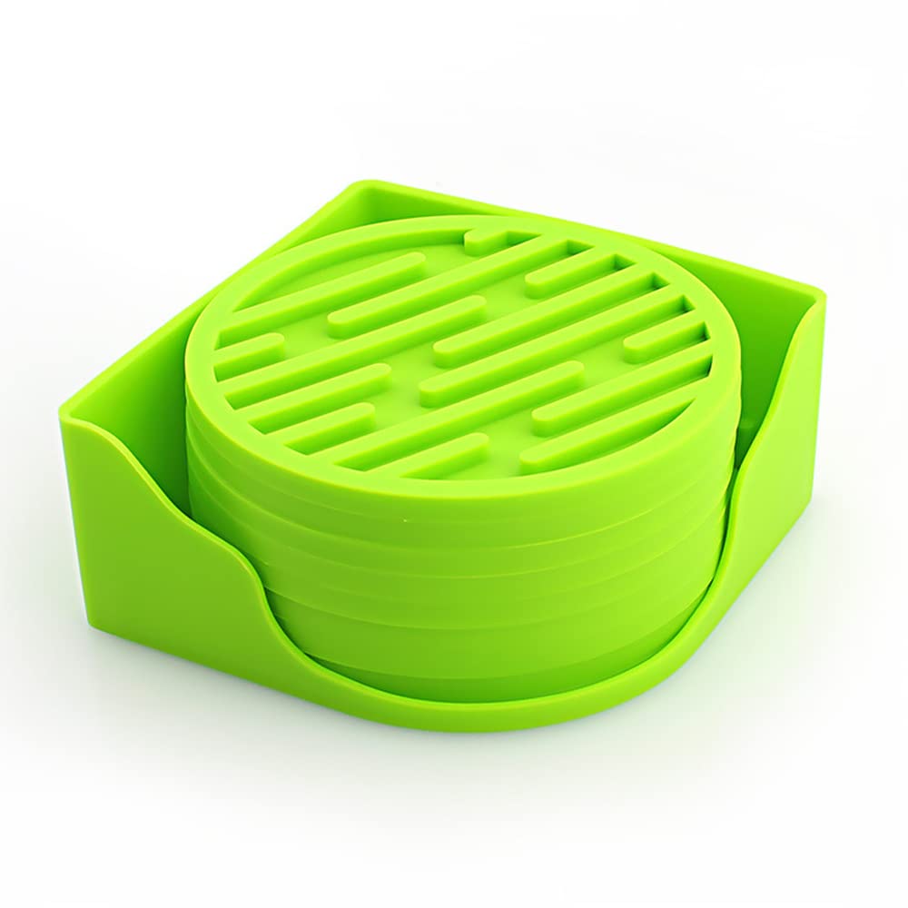 10cm/3.94inch Round Coasters Set Silicone Rubber Coaster Cup Pad Mat Anti-scald Non-Slip for Daily Home/Bar Coffee Tea Drink Use Insulate&protect furniture Coffee Beer Mug WineGlass Bottle (Green, 8)