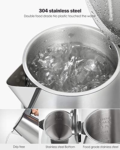HOMEVER Bouilloire Électrique, INOX 1.7L Ébullition Rapide pour Le Thé, Acier Inoxydable,Arrêt Automatique, Bouilloire sans BPA, Protection Anti-ébullition à Sec,1800W[Classe Énergétique A+++]