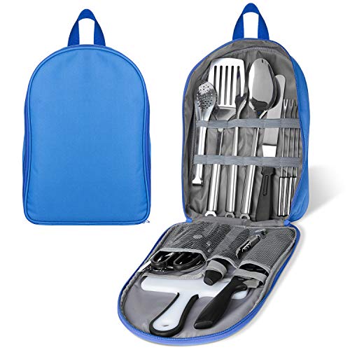 Portable Camping Kitchen Utensil Set, 27-Piece Stainless Steel Outdoor Cooking and Grilling Utensil Organizer Travel Set Perfect for Travel, Picnics, RVs, Camping, BBQs, Parties, Potlucks and more