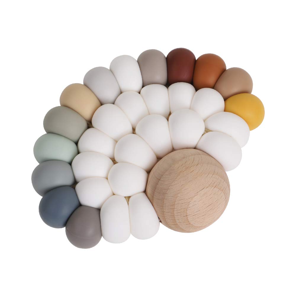 AmazingM Baby Teething Toy,Food Grade Silicone Beads and Beech Wood Teether for 0-6 6-12 Months,Wooden Sensory Nursing Toys,Hand-Made Gift for Infants and Toddlers,BPA Free(Rainbow)