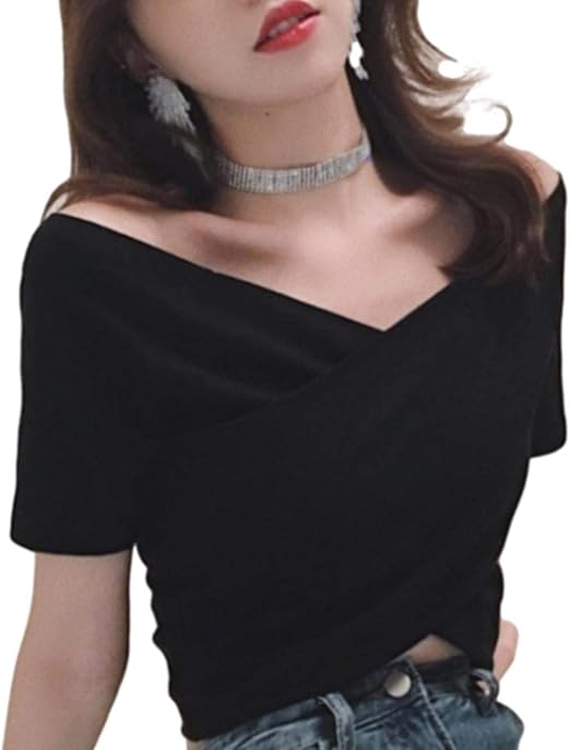 Amazon ブブ オーハナ Tシャツ 半袖 ショート 丈 へそ出し 胸開き 無地 トップス 短め レディース Tシャツ カットソー 通販