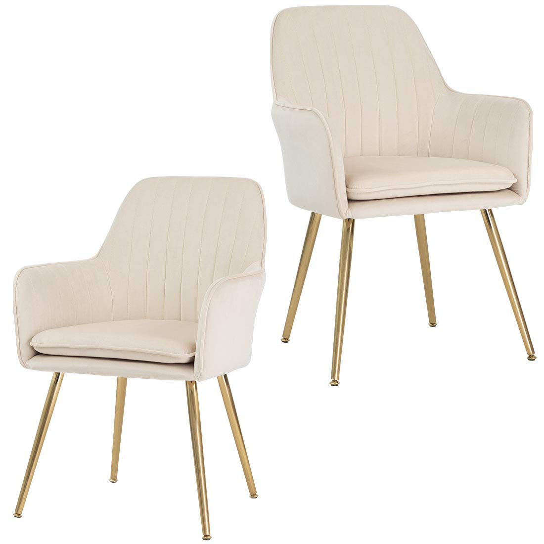 GOLDEN BEACH Velvet Dinning Chair Set of 2 Mid-Back Accent Chair Modern Leisure Armchair with Gold Plating Legs Upholstered Living Room Chair (Beige-2PCS)