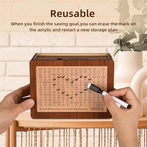 10000 Kakeibo Wooden Money Saving Challenge Box Cash Vault Piggy Bank for Adults Kids Savings Goals Smash Box Saver for Boys and Girls (10 Amounts)