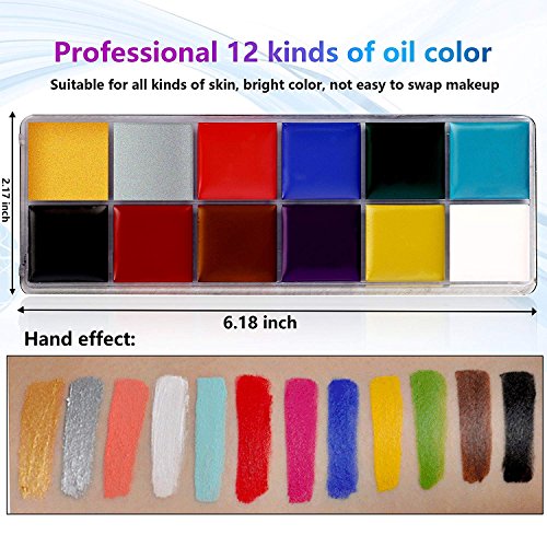 COKOAHPPY Professional Face & Body Paint Kit - 12 Vivid Color Paints (oil-based), 15 Stencils, 3 Brushes, 2 Boxes Laser Gold & Silver Chunky Glitter, 1 Palette