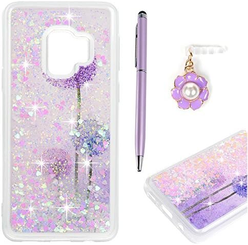 S9 Case, Galaxy S9 Case, Borlifes Flowing Liquid Floating Luxury Bling Glitter Sparkle Printed Purple Dandelion Embedded Soft TPU Bumper Case for Girls with Stylus Pen &amp; Diamond Dust Plug
