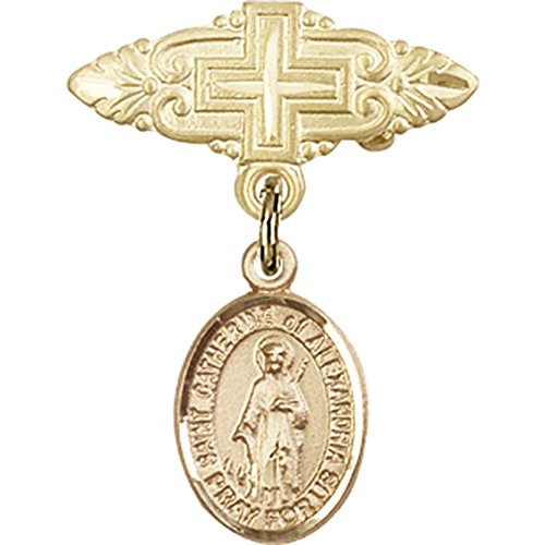 Gold Filled Baby Badge with St. Catherine of Alexandria Charm and Badge Pin with Cross 1 X 3/4 inches