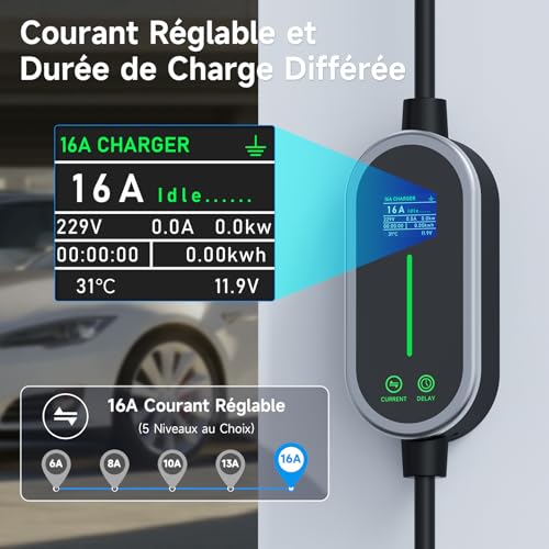 AUFYEV Electric Car Charger 3.6kW 5m, 6-16A Electric Car Charging Cable, Portability Cable Type 2 with LED Display and Bag, Compatible with EV/PHEV IEC 62196-2