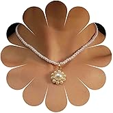 Andelaisi Boho Pearl Choker Necklace Vintage Pearl Necklace Choker Gold Station Pearl Necklace Round Pearl Flower Pendant Necklace Jewelry for Women