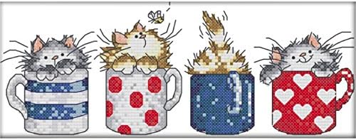 Hobby Components Tea Cup Cats Counted Cross Stitch Kit, White, 37 x 17cm