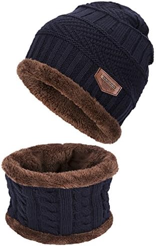 Gladys Moses Winter Beanie Warm Knit Hat Snow Ski Skull Cap Hat Scarf Set For Men and Women (Navy)